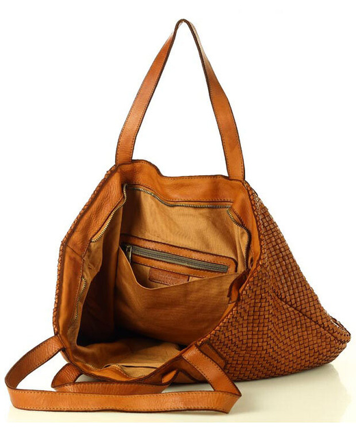 Torba damska pleciona shopper & shoulder leather bag - MARCO MAZZINI brąz karmel