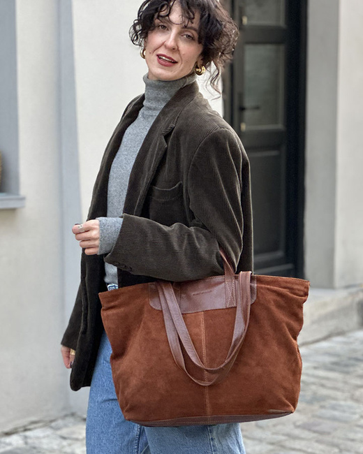 Duża torba zamszowa skórzana podwójne rączki - MARCO MAZZINI brązowa