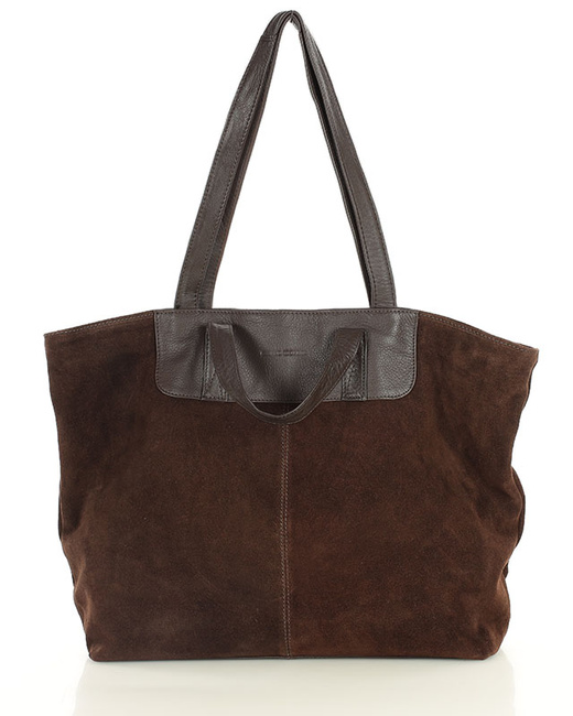 Duża torba zamszowa skórzana podwójne rączki - MARCO MAZZINI ciemny brąz