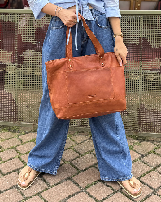 Torebka skórzana shopper damski z przegródkami - MARCO MAZZINI camelowy brąz