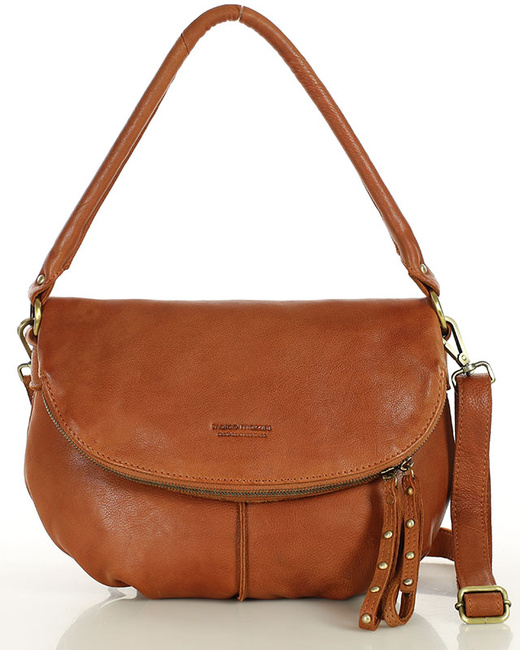 Torebka na ramię listonoszka duża skórzana - MARCO MAZZINI brąz camelowy