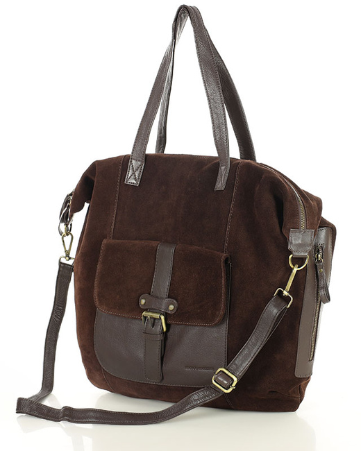 Duża ciemnobrązowa shopperka zamszowa skórzana z kieszenią – MARCO MAZZINI