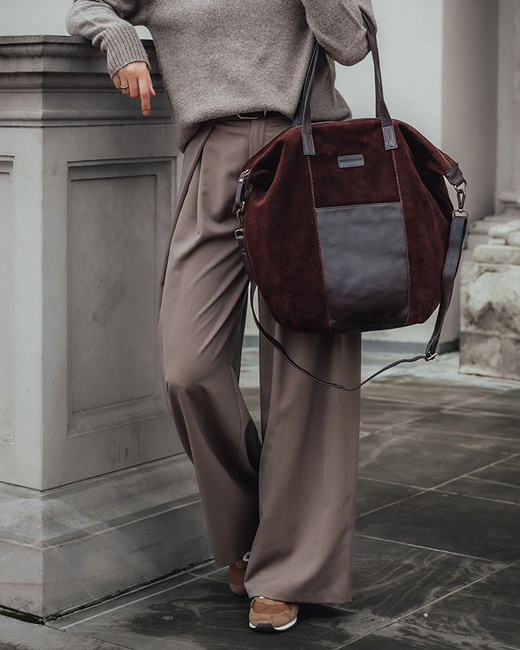 Torba skórzana zamszowa shopper z kieszeniami - It bag MARCO MAZZINI ciemny brąz