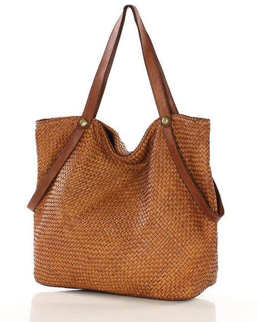 Duża torebka pleciona shopperka ze skóry - MARCO MAZZINI camelowa