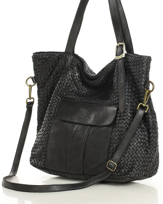 Duża torebka pleciona na ramię shopperka skórzana - MARCO MAZZINI czarna