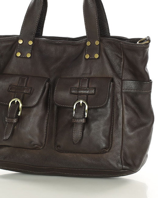 Torba skórzana shopper XL na ramię z dwoma kieszeniami MARCO MAZZINI ciemny brąz