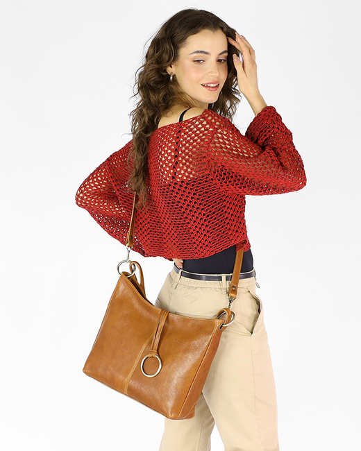 Klasyczna torba skórzana na ramię premium leather - MARCO MAZZINI brąz camel