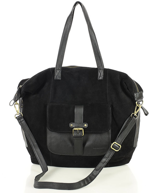 Duża czarna shopperka zamszowa skórzana z kieszenią – MARCO MAZZINI