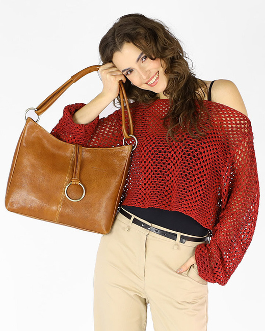 Klasyczna torba skórzana na ramię premium leather - MARCO MAZZINI brąz camel