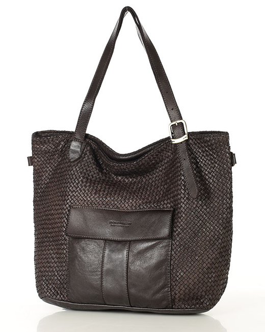 Duża torebka pleciona na ramię shopperka skórzana - MARCO MAZZINI ciemny brąz