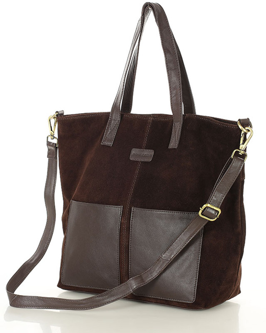 Torebka damska shopper duża zamszowa z kieszonkami – MARCO MAZZINI ciemnobrązowa