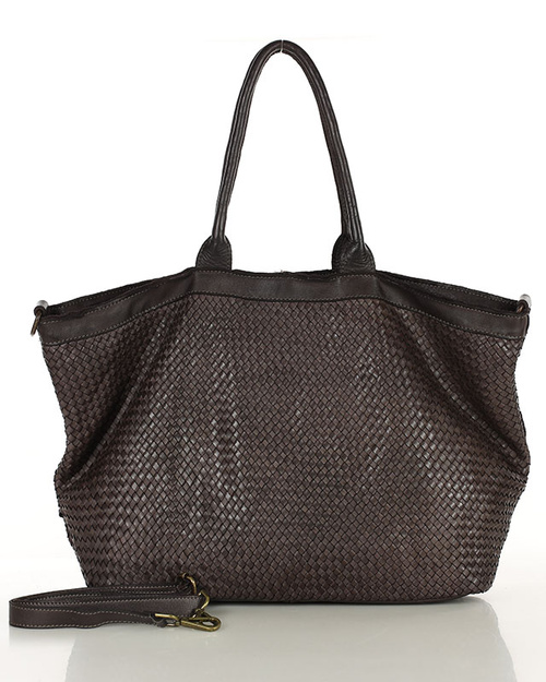 Duża torba shopper z plecionej skóry naturalnej - MARCO MAZZINI ciemnobrązowa caffe