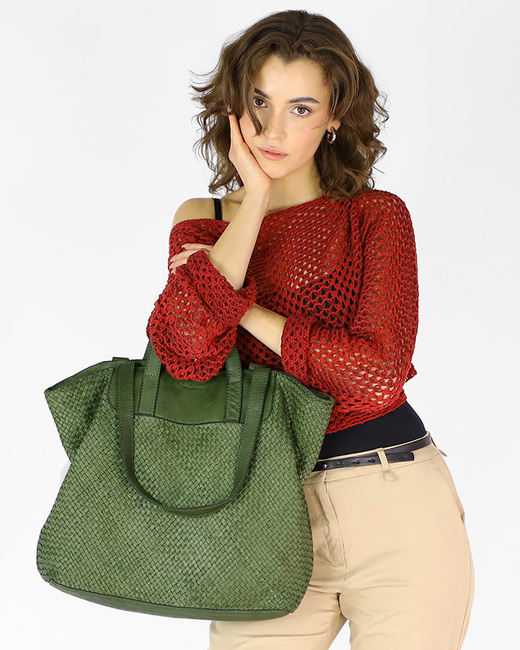 Torba damska pleciona shopper & shoulder leather bag - MARCO MAZZINI zielony militare