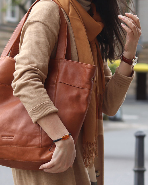 Duża skórzana torebka shopper z kieszenią - MARCO MAZZINI brąz kamelowy