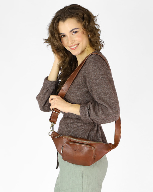 Torebka nerka na szerokim pasku skórzana premium pelle - MARCO MAZZINI brązowa