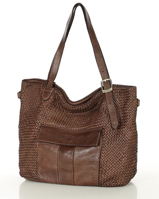 Duża torebka pleciona na ramię shopperka skórzana - MARCO MAZZINI brąz