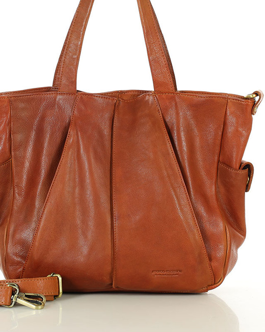 Miękka torebka skórzana shopperka na ramię - MARCO MAZZINI - brąz camel