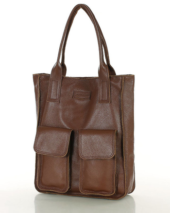 Torebka skórzany shopper bag z kieszeniami - MARCO MAZZINI czekoladowy brąz