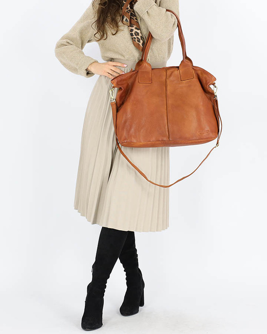 Torebka skórzana na ramię shopper na długich rączkach - MARCO MAZZINI brąz camel