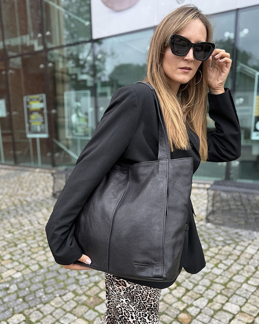 Miękka torba typu shopper skórzana na ramię - MARCO MAZZINI - czarny