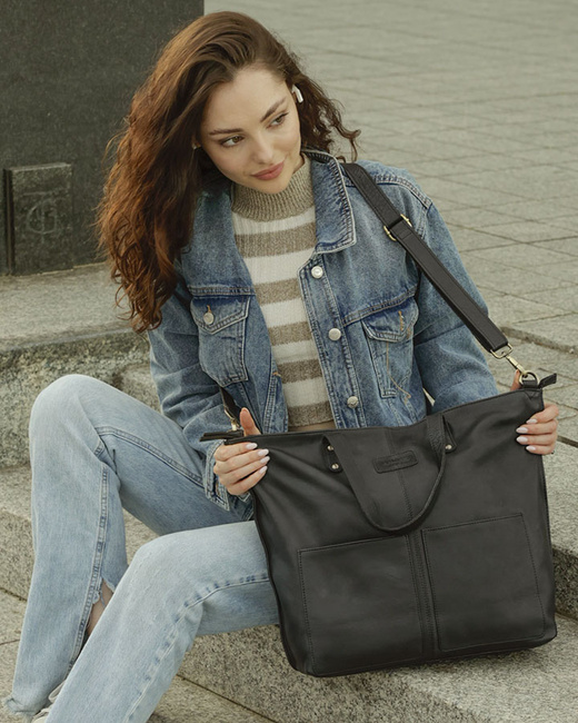 Torebka skórzana czarna duża typu shopper - MARCO MAZZINI