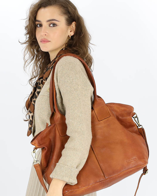 Torebka skórzana na ramię shopper na długich rączkach - MARCO MAZZINI brąz camel