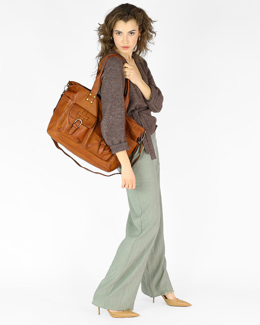 Torba skórzana shopper XL na ramię z dwoma kieszeniami MARCO MAZZINI brąz camel