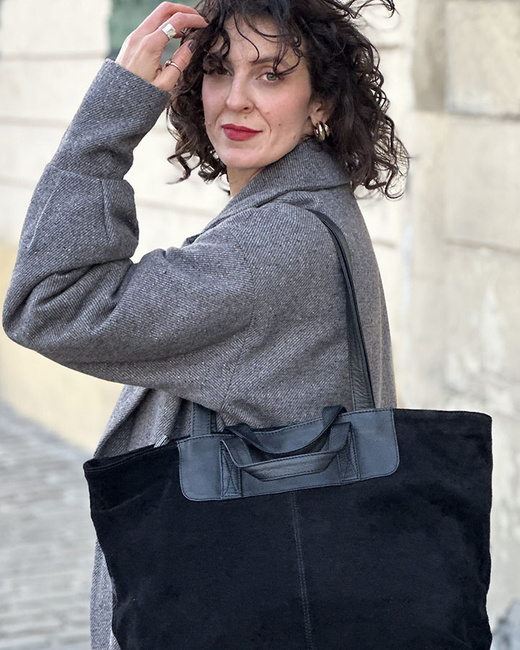 Duża torba zamszowa skórzana podwójne rączki - MARCO MAZZINI czarna