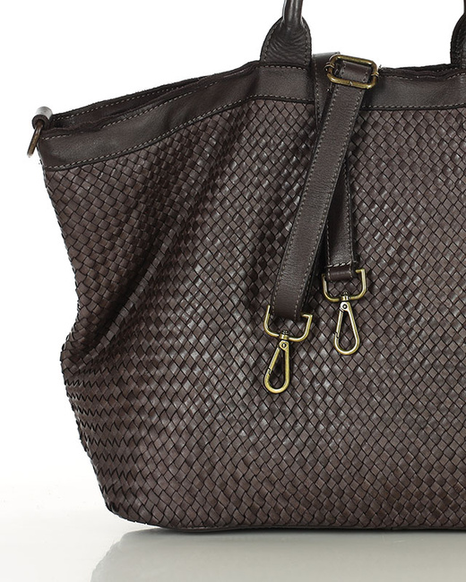 Duża torba shopper z plecionej skóry naturalnej - MARCO MAZZINI ciemnobrązowa caffe