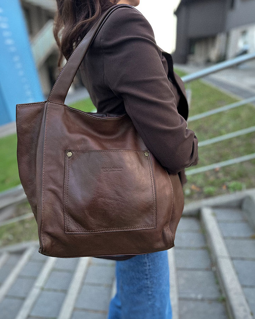 Shopperka torebka skórzana miejska - MARCO MAZZINI brąz camel