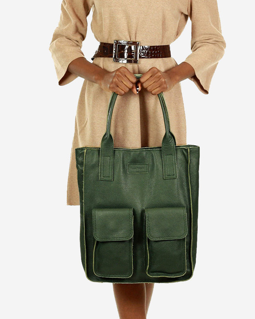 Torebka skórzany shopper bag z kieszeniami - MARCO MAZZINI Ravenna ciemny zielony