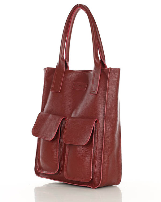 Torebka skórzany shopper bag z kieszeniami - MARCO MAZZINI ciemny czerwony