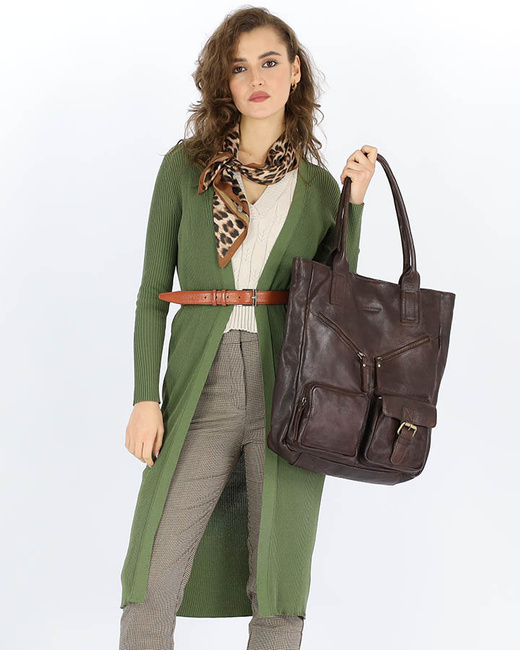 Duża torba shopper z przegródkami skóra naturalna - MARCO MAZZINI ciemny brąz