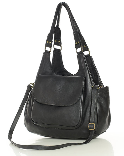 Włoska torebka skórzana z kieszenią z przodu retro bag handmade - MARCO MAZZINI czarny