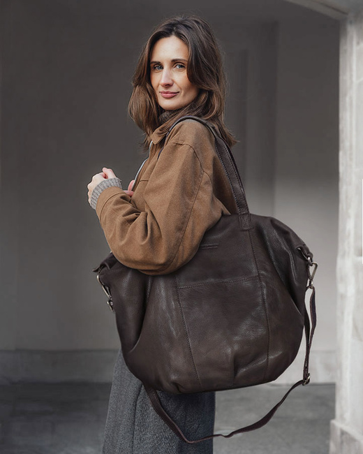 Torba damska skórzana shopper z kieszeniami - It bag MARCO MAZZINI smooth brąz caffe