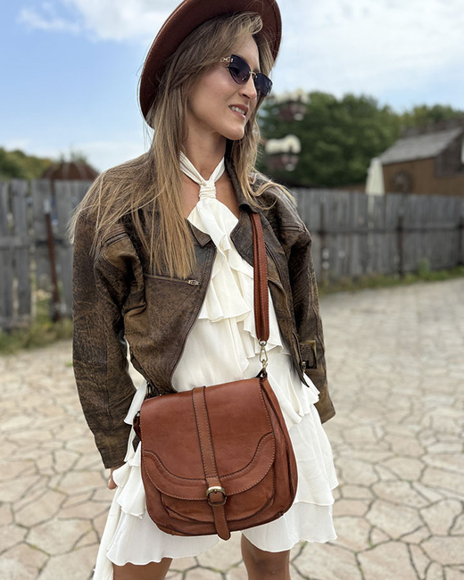 Torebka vintage retro skórzana listonoszka saddle bag - MARCO MAZZINI camelowa