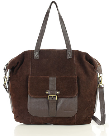 Duża ciemnobrązowa shopperka zamszowa skórzana z kieszenią – MARCO MAZZINI