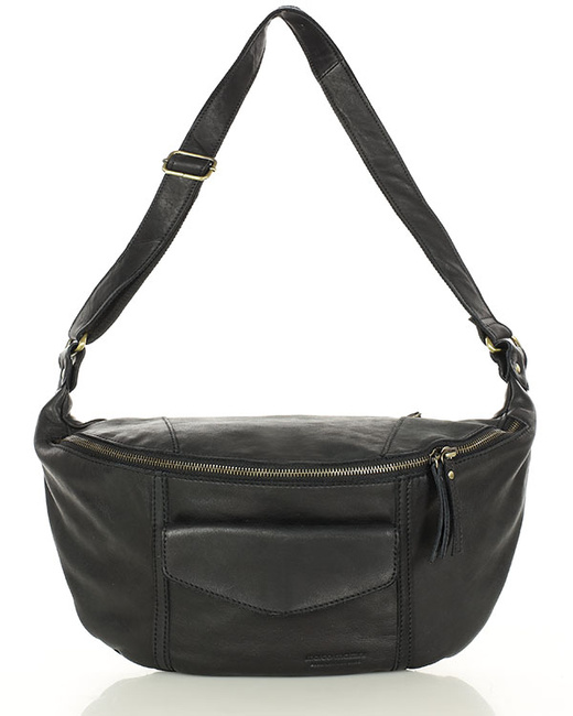 Duża nerka skórzana damska torebka przez ramię z kieszonkami MARCO MAZZINI czarna