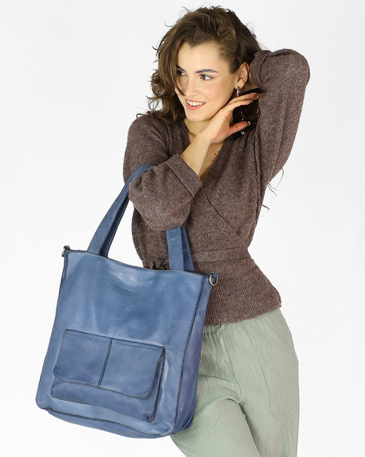 Torebka damska shopper A4 skóra naturalna - MARCO MAZZINI jeansowa niebieska