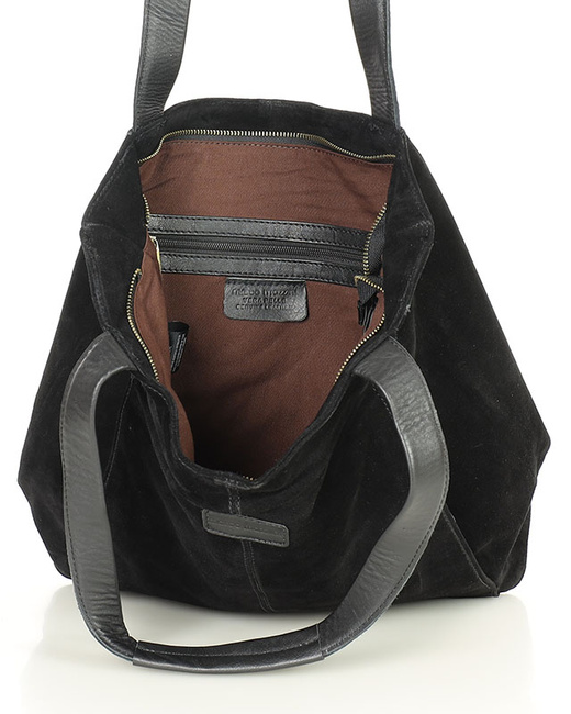 Miękka torba zamszowa skórzana shopper na ramię - MARCO MAZZINI - czarny