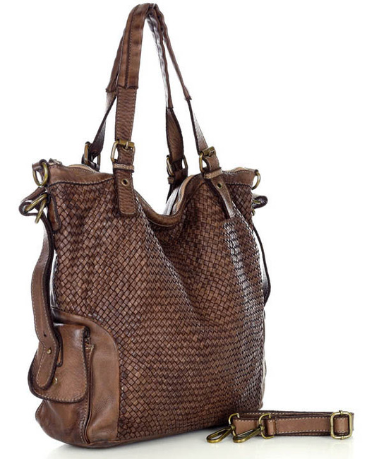 Miejska torebka z regulowanymi rączkami shopper pleciona skóra handmade - MARCO MAZZINI brąz