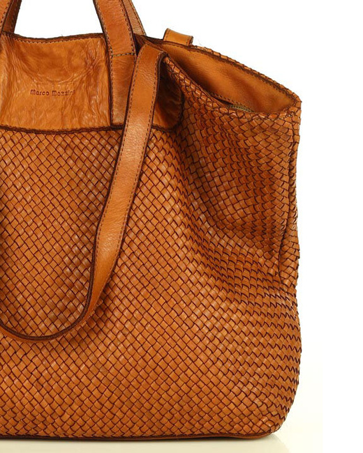 Torba damska pleciona shopper & shoulder leather bag - MARCO MAZZINI brąz karmel