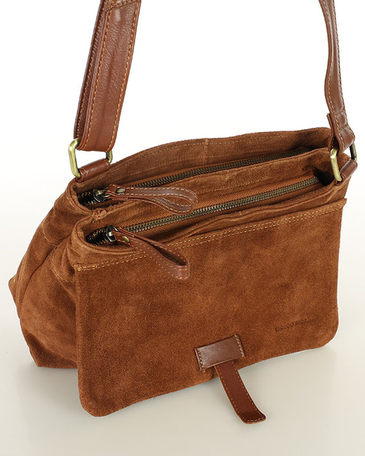 Brązowa zamszowa listonoszka skórzana dwukomorowa - MARCO MAZZINI