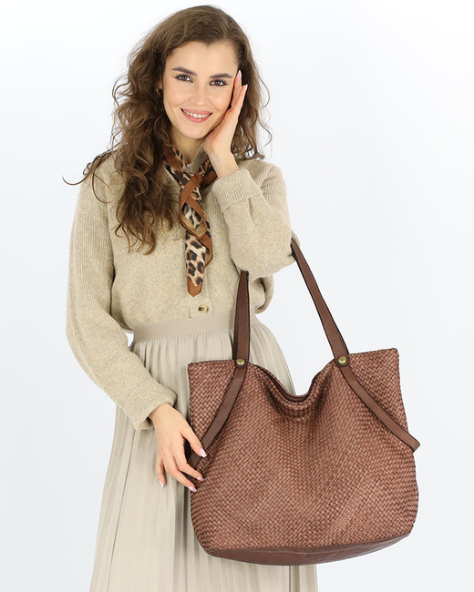Duża torebka pleciona shopperka ze skóry - MARCO MAZZINI brązowa