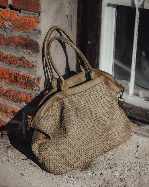 Duża torba shopper z plecionej skóry naturalnej - MARCO MAZZINI beżowa