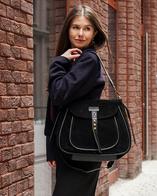 Torebka zamszowa saddle bag skórzana na ramię - MARCO MAZZINI czarna