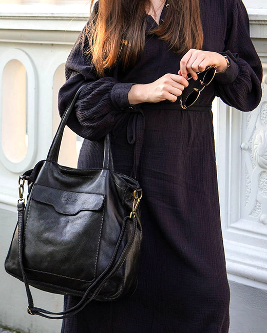 Torba shopper czarna z kieszeniami skóra naturalna – Marco Mazzini