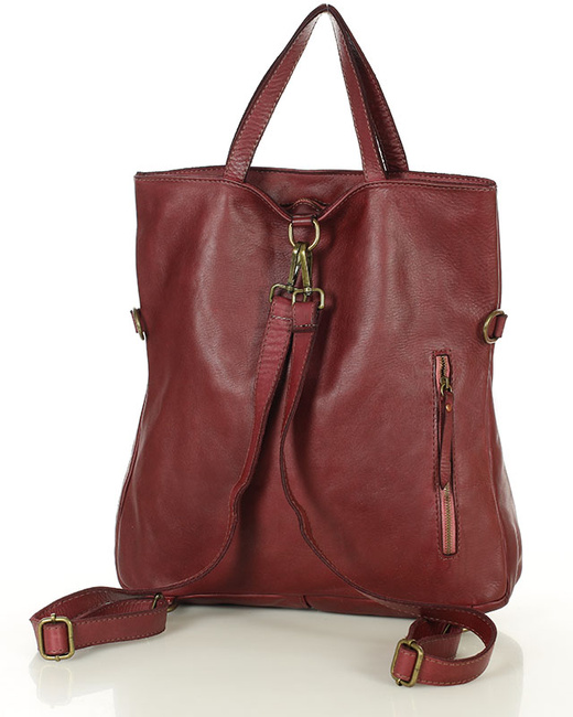 Skórzana torebka plecak z kieszenią z przodu - MARCO MAZZINI bordowa czerwona