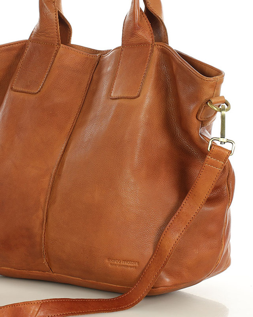 Torebka skórzana na ramię shopper na długich rączkach - MARCO MAZZINI brąz camel