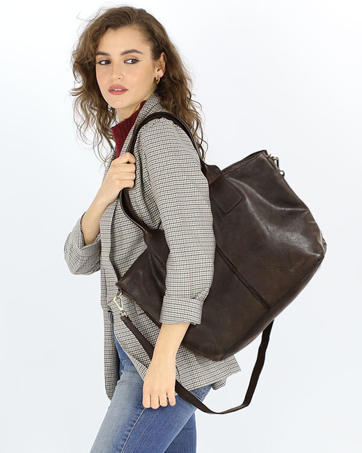 Torebka skórzana na ramię shopper na długich rączkach - MARCO MAZZINI ciemny brąz